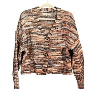 LOFT Sz L Cardigan Sweater Cropped V-Neck Orange Multicolor Wool Blend